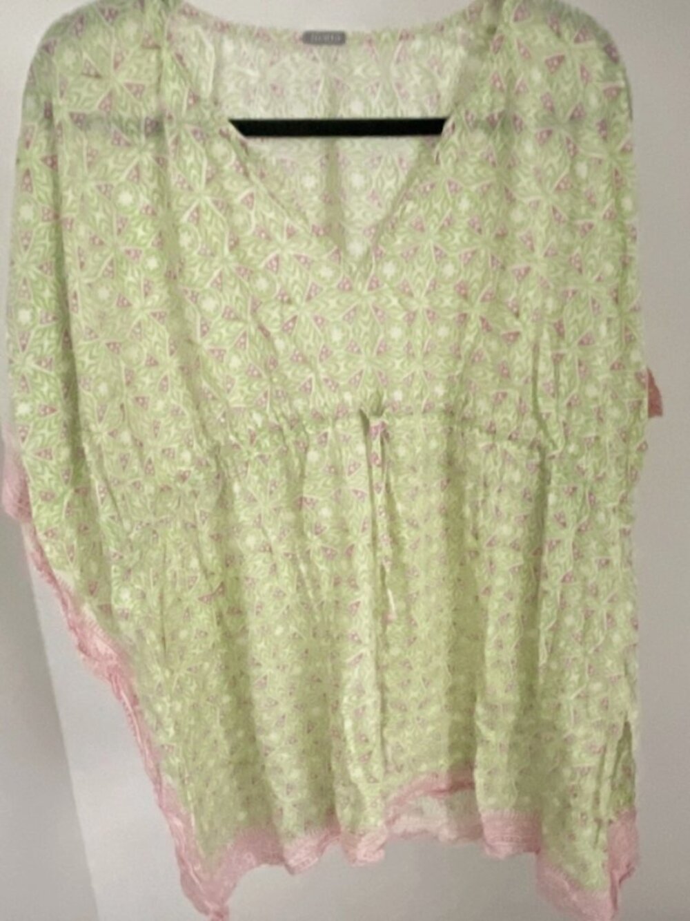 Matta NY Green Pink Print Oversized Tunic Top Drawstring Handkerchief Hem